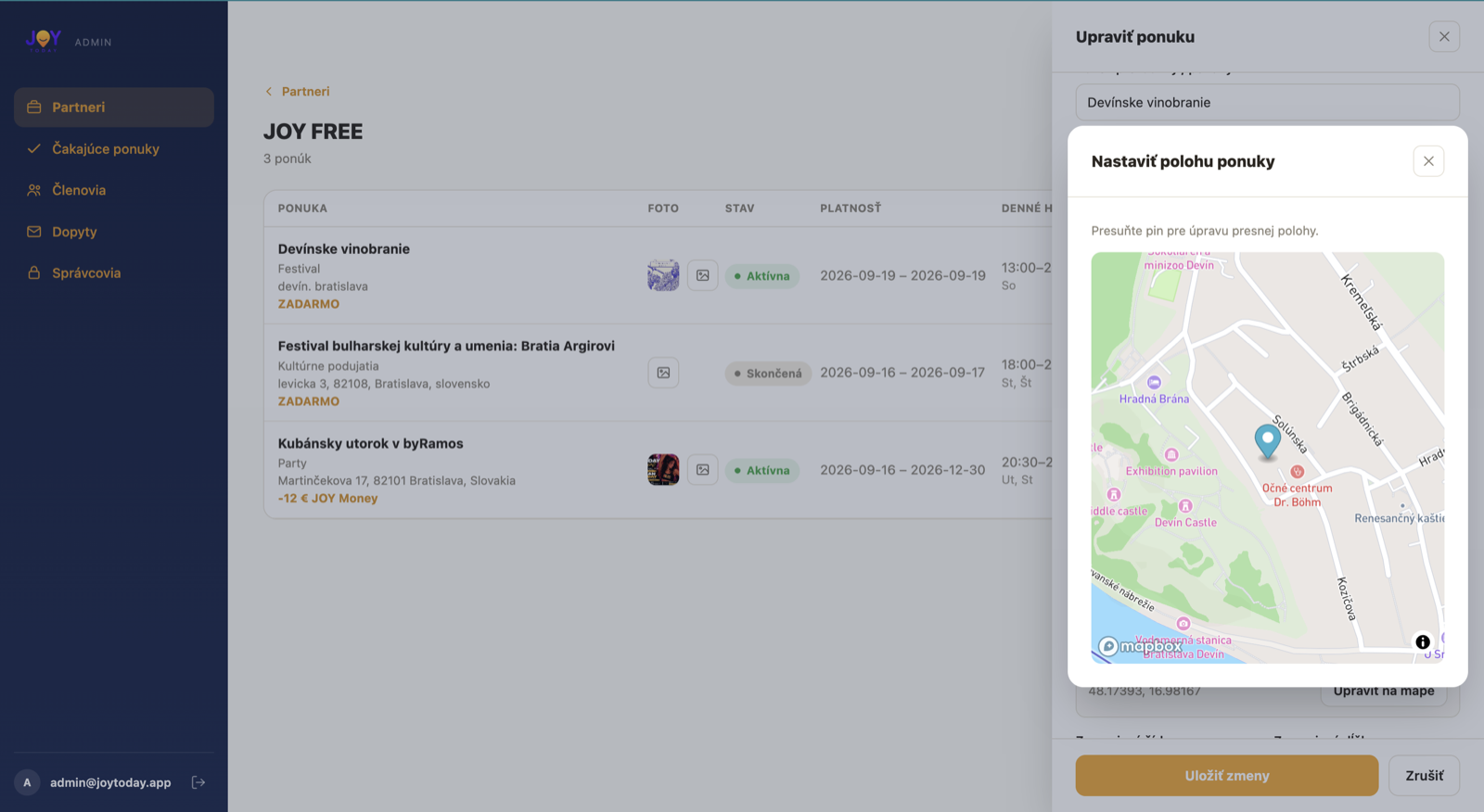 JOY Admin – nastavenie polohy ponuky na mape